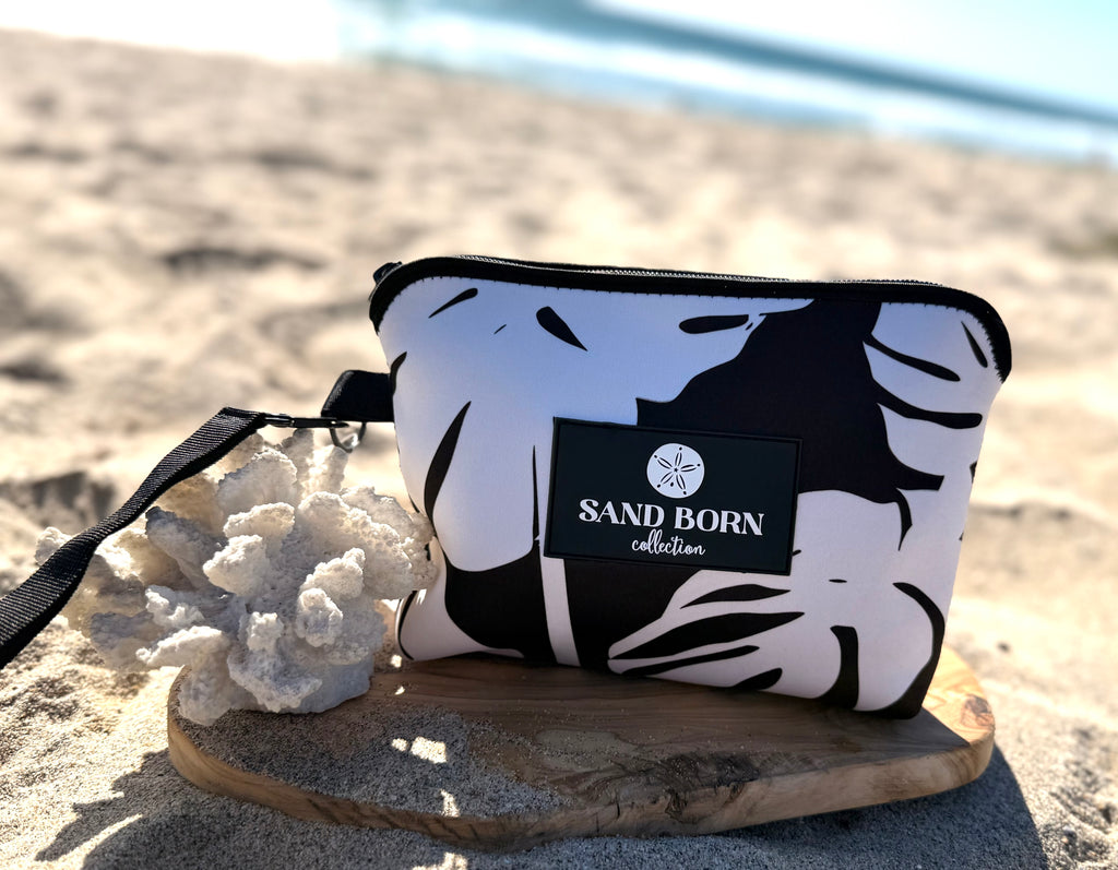 Black Palm  Monstera - Neoprene Bikini Bag Water Resistant Beach Travel Pouch