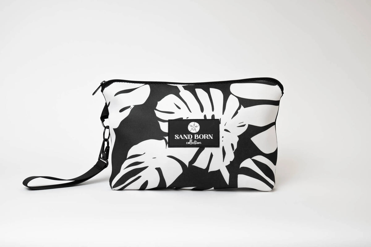 Black Palm  Monstera - Neoprene Bikini Bag Water Resistant Beach Travel Pouch