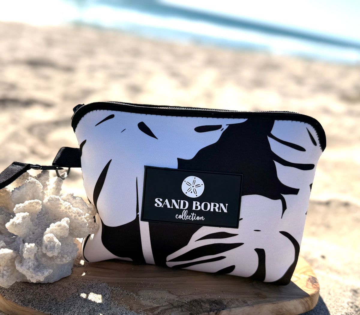 Black Palm  Monstera - Neoprene Bikini Bag Water Resistant Beach Travel Pouch