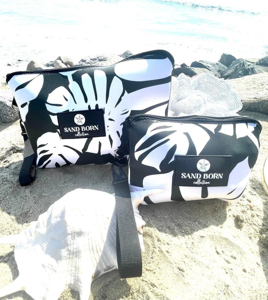 Black Palm  Monstera - Neoprene Bikini Bag Water Resistant Beach Travel Pouch