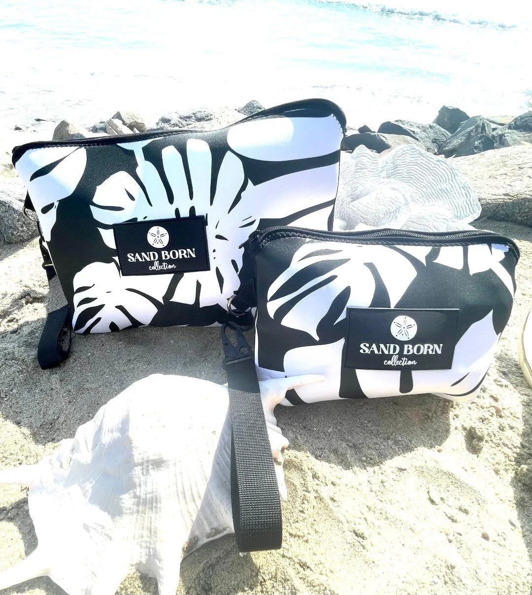 Black Palm  Monstera - Neoprene Bikini Bag Water Resistant Beach Travel Pouch